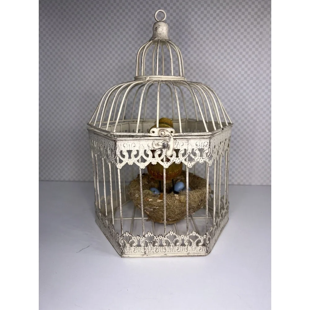 Bird Cage Vintage Cream Color Metal Shabby Chic Cottage Hinge Clasp Lift Top